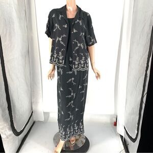 Pussers West Indies  NWT 2Piece 100% silk Black w/silver Embroidery Maxi  dress